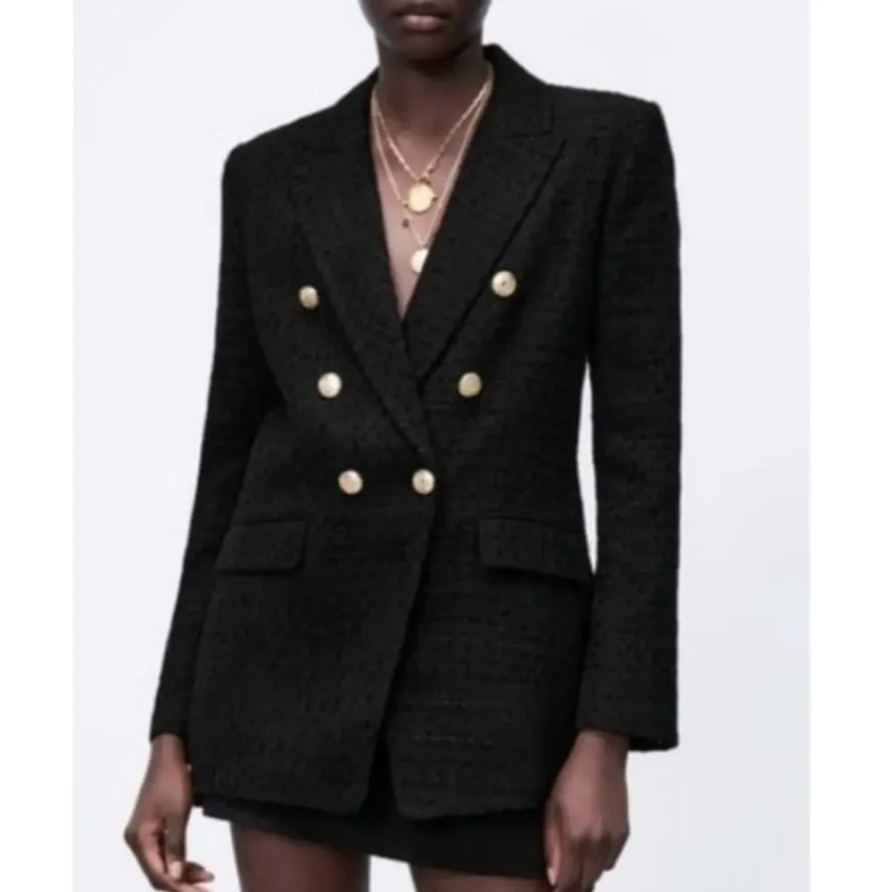 Zara Double Breasted Tweed Black Blazer with Gold Buttons Size Medium